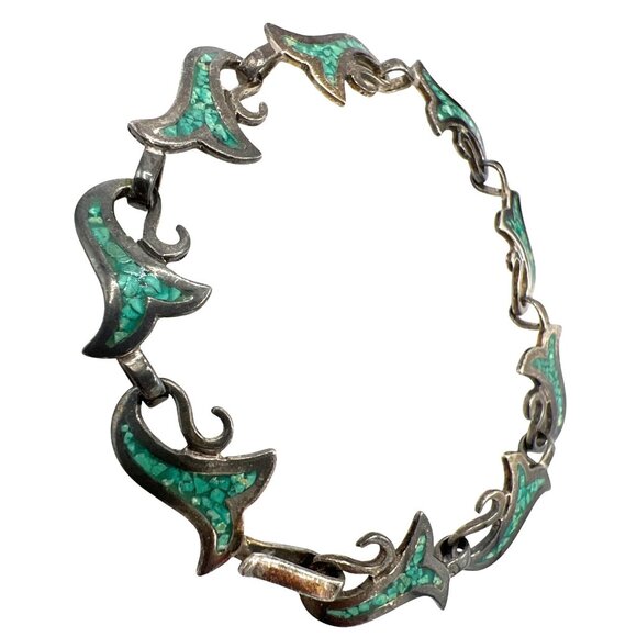 Vtg Taxco Mexican 925 Silver Crushed Turquoise Inlay Section Bracelet 7.5" SW - Picture 2 of 10